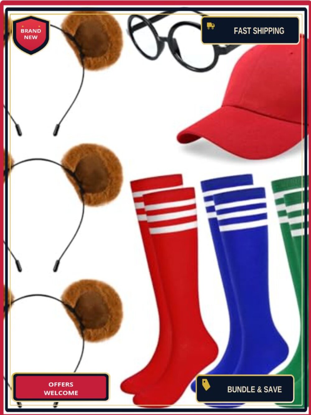 8 Pc Halloween Chipmunk Costume Accessory Set Plush Headbands Red Hat Glasses